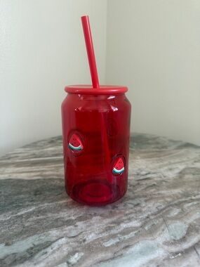 Viral Tik tok dollar tree Red Watermelon Glass jar  Tumbler with Straw